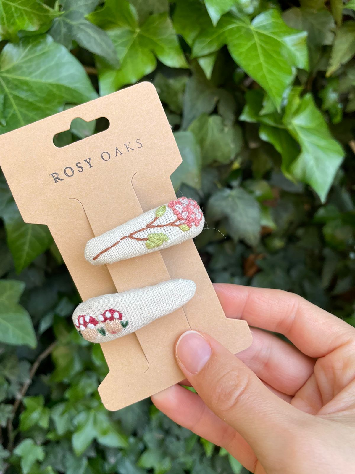 Pink Hydrangea and Mushroom Hair Clips