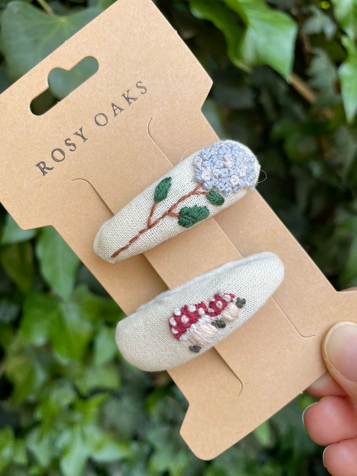 Blue Hydrangea and Mushroom Hair Clips
