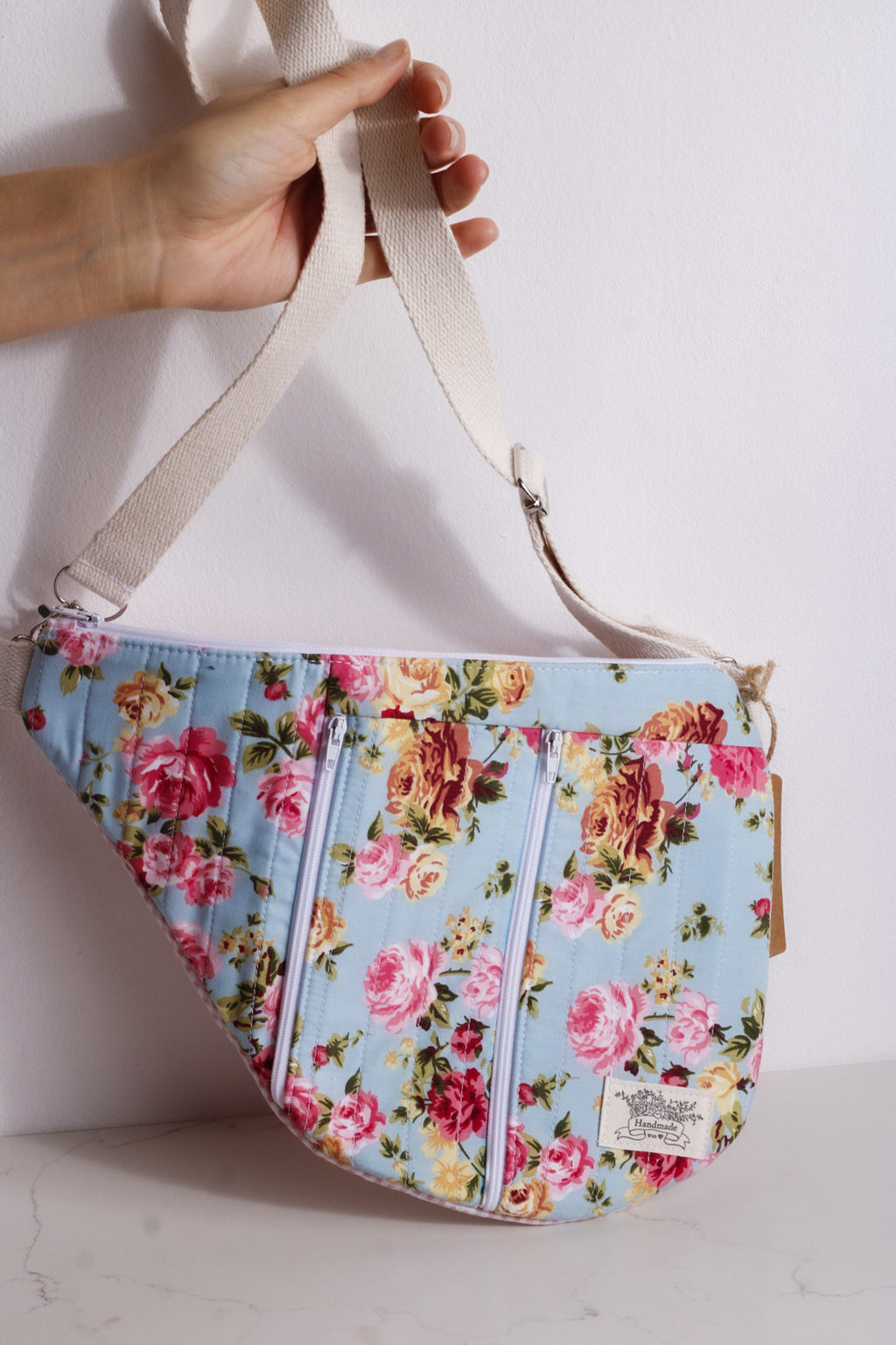 Blue Rose Garden Floral Moon Bag